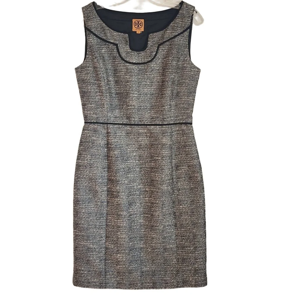 TORY BURCH Gray‎ Black Tweed Sleeveless Sheath Dress Size 8